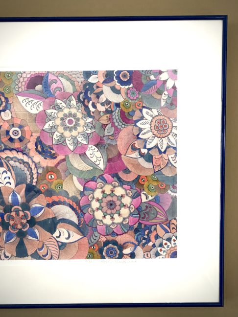 A framed, limited edition print by Keiko Yanagisawa of beautiful flowers and blooms, line-drawn and painted in blues and pinks.