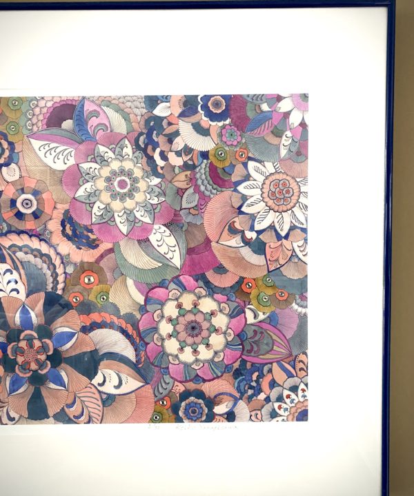 A framed, limited edition print by Keiko Yanagisawa of beautiful flowers and blooms, line-drawn and painted in blues and pinks.