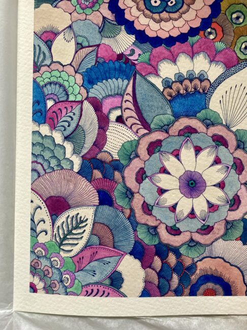 Japanese flower drawings in a fabulous blue and pink limited edition print by Keiko Yanagisawa. Available to order.