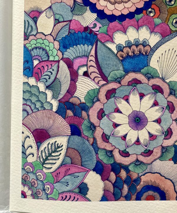 Japanese flower drawings in a fabulous blue and pink limited edition print by Keiko Yanagisawa. Available to order.