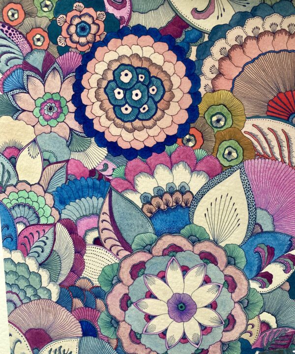 Intricate floral line drawings in pinks and blues.