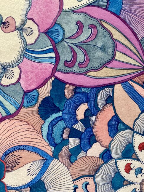 Detailed pen and ink drawn flower art by Keiko Yanagisawa.