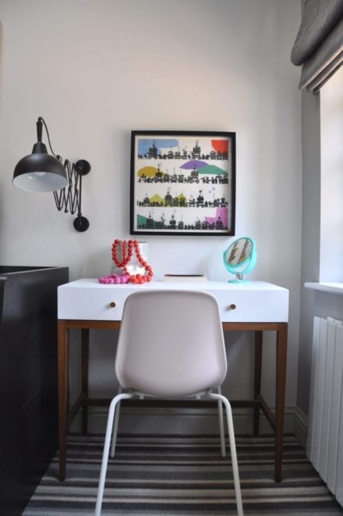 Colourful Japanese wall art above a dressing table in a modern bedroom.