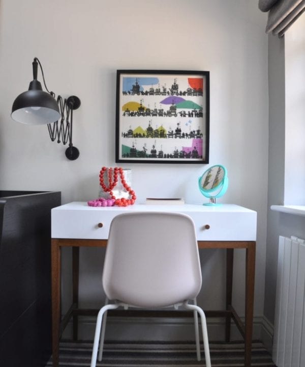 Colourful Japanese wall art above a dressing table in a modern bedroom.