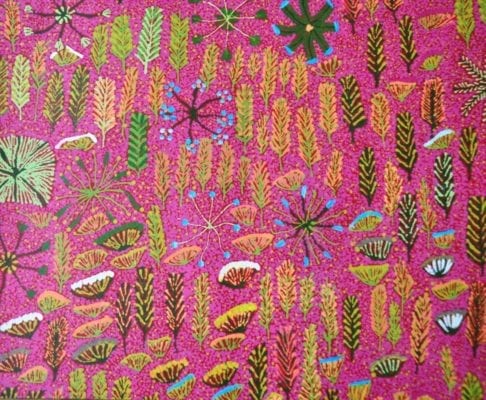 Detail of pink Aboriginal culture wallpaper.