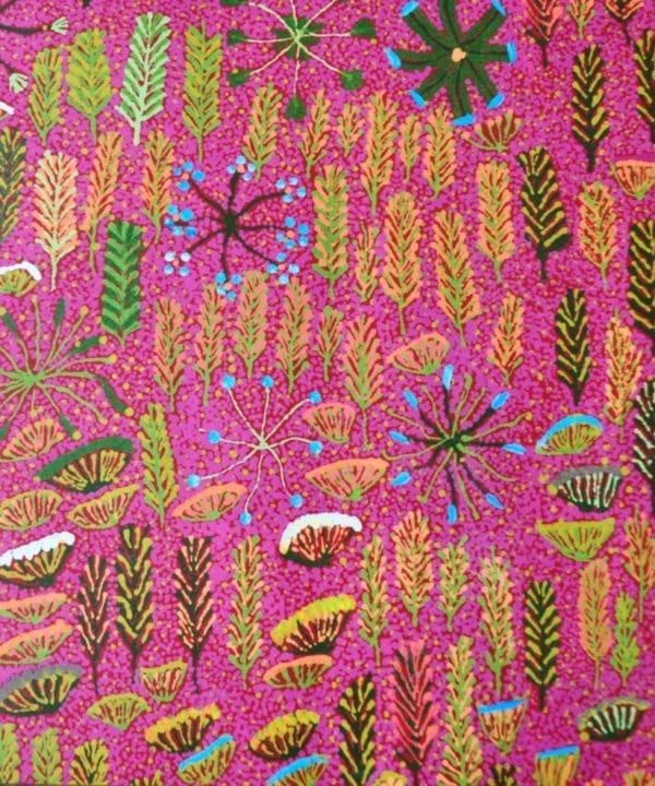 Detail of pink Aboriginal culture wallpaper.