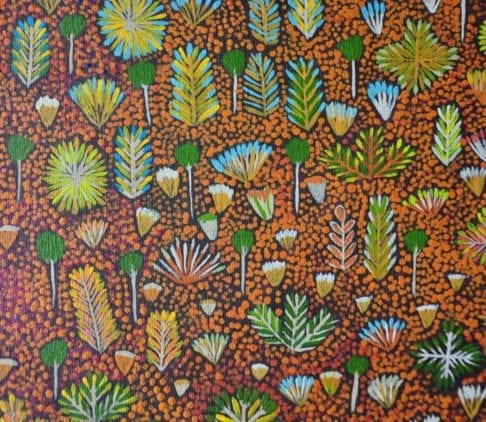 Close-up shot of the original Aboriginal art canvas painting that inspired the wallpaper design of the same name.