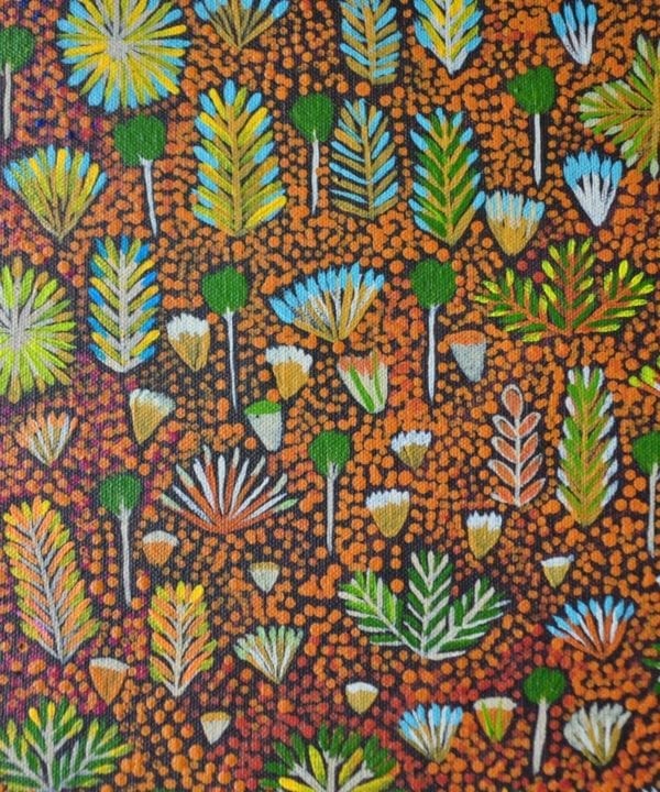 Close-up shot of the original Aboriginal art canvas painting that inspired the wallpaper design of the same name.