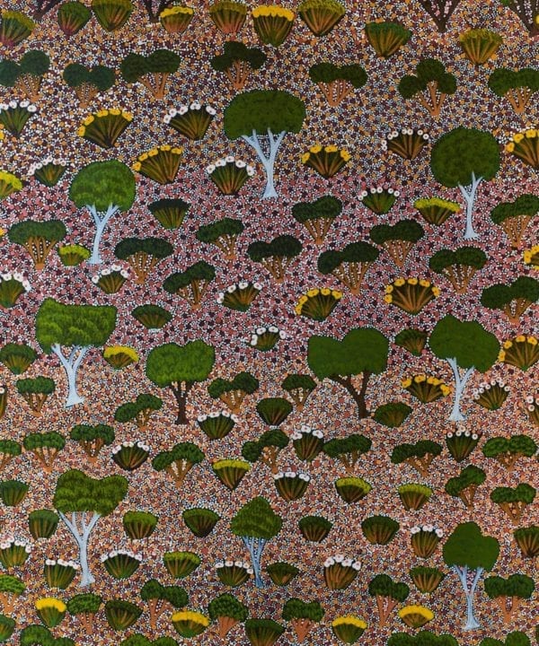 Native trees and flora of the Australian Outback captured in an Aboriginal dot painting wallpaper design.