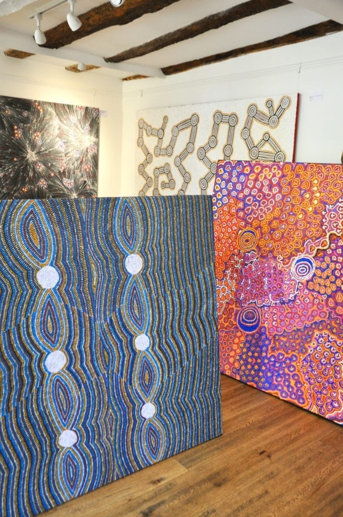 A variety of large scale Aboriginal canvas paintings available to buy at Bay Gallery Home in Tetbury, England.