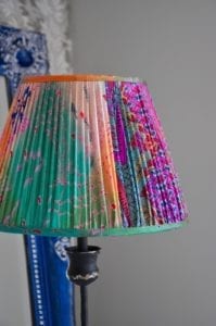 Brightly-coloured, vintage saree silk lampshades for table lamps and floor lamps.