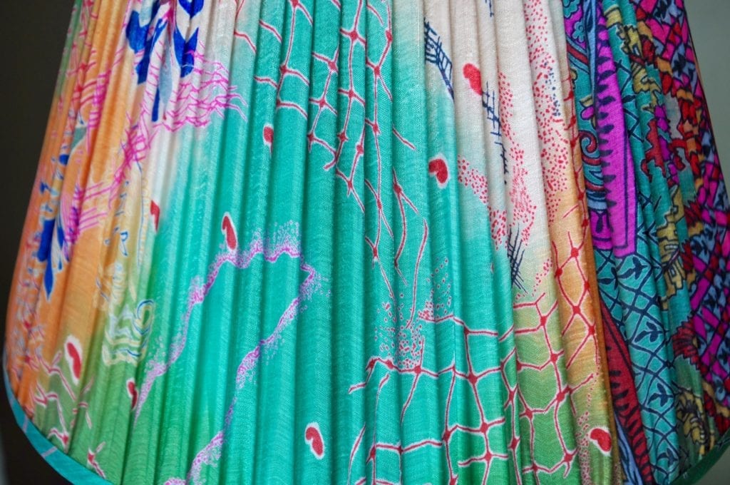 Colourful vintage silk re-purposed from an Indian saree and used to create a gathered silk lampshade.