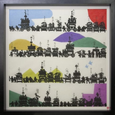 A colourful, framed Japanese silkscreen print depicting the Gion festival in Kyoto.