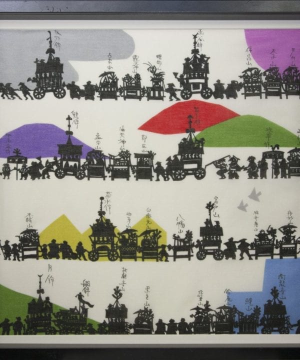 A colourful, framed Japanese silkscreen print depicting the Gion festival in Kyoto.