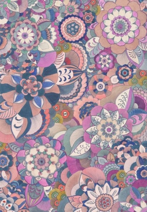 Detail of a floral Japanese drawing limited edition print in a palette of pinks, purples and greens.