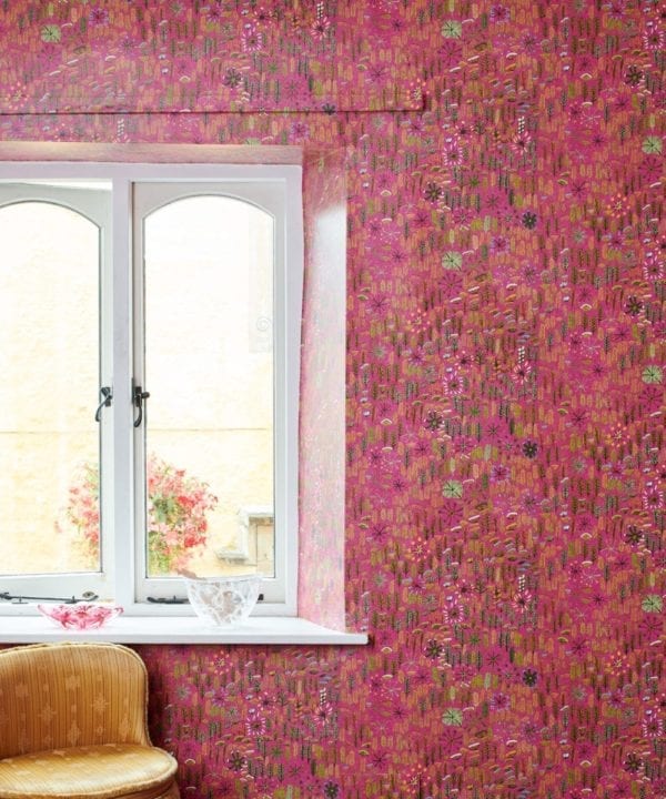 A styled, in situ shot around a window of 'Betty' Aboriginal culture wallpaper in pink.