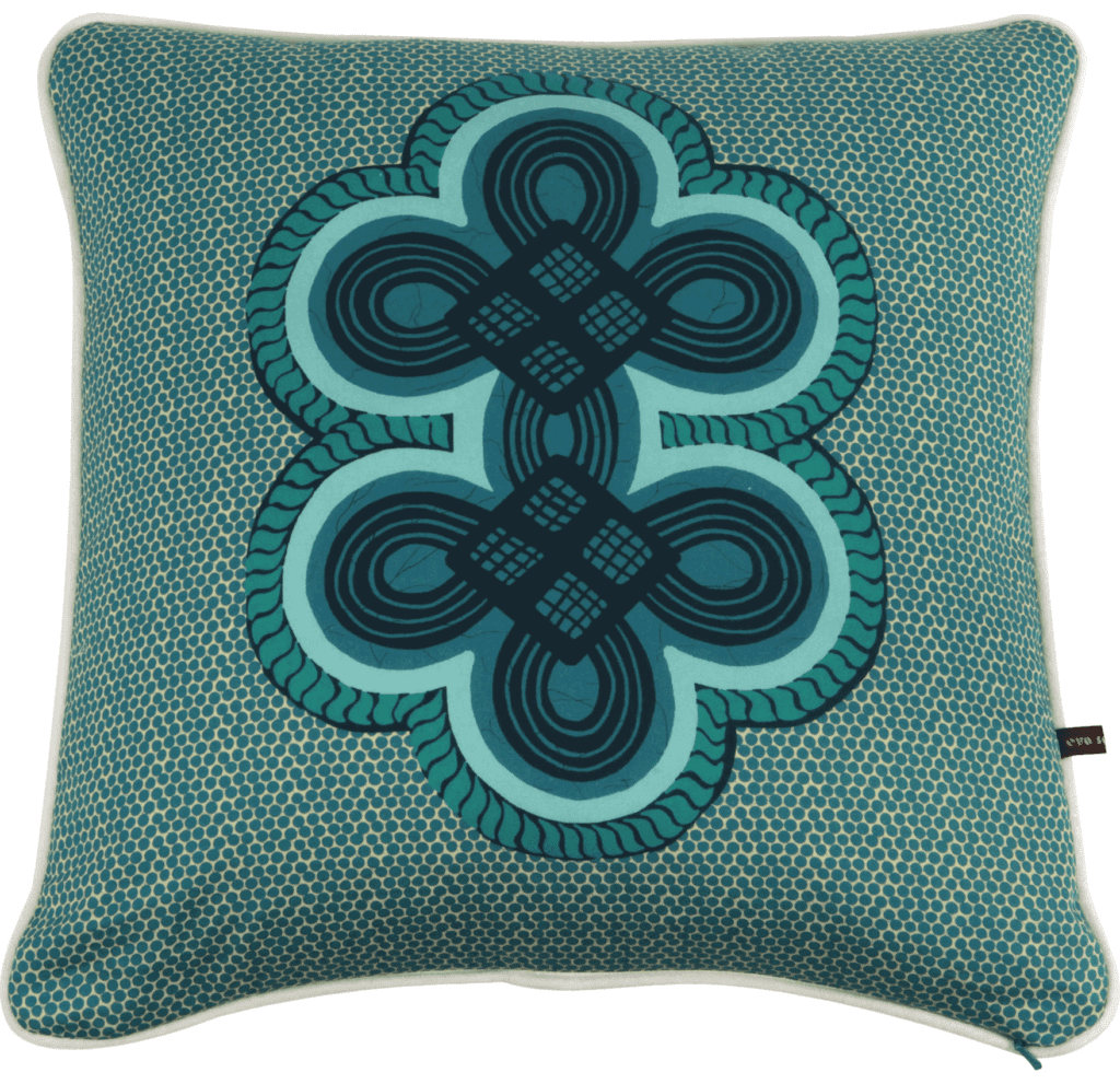 A teal or aqua double knot motif tribal print cushion available through TelescopeStyle.com.