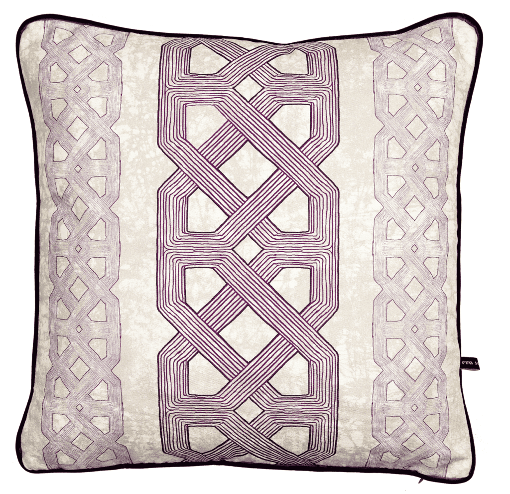 A purple tribal lattice print cushion available through TelescopeStyle.com.