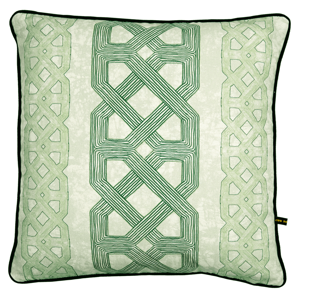 A green tribal lattice print cushion available through TelescopeStyle.com.