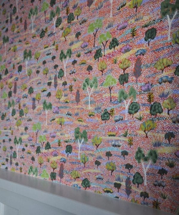 Detail of pink botanical Aboriginal art wallpaper.