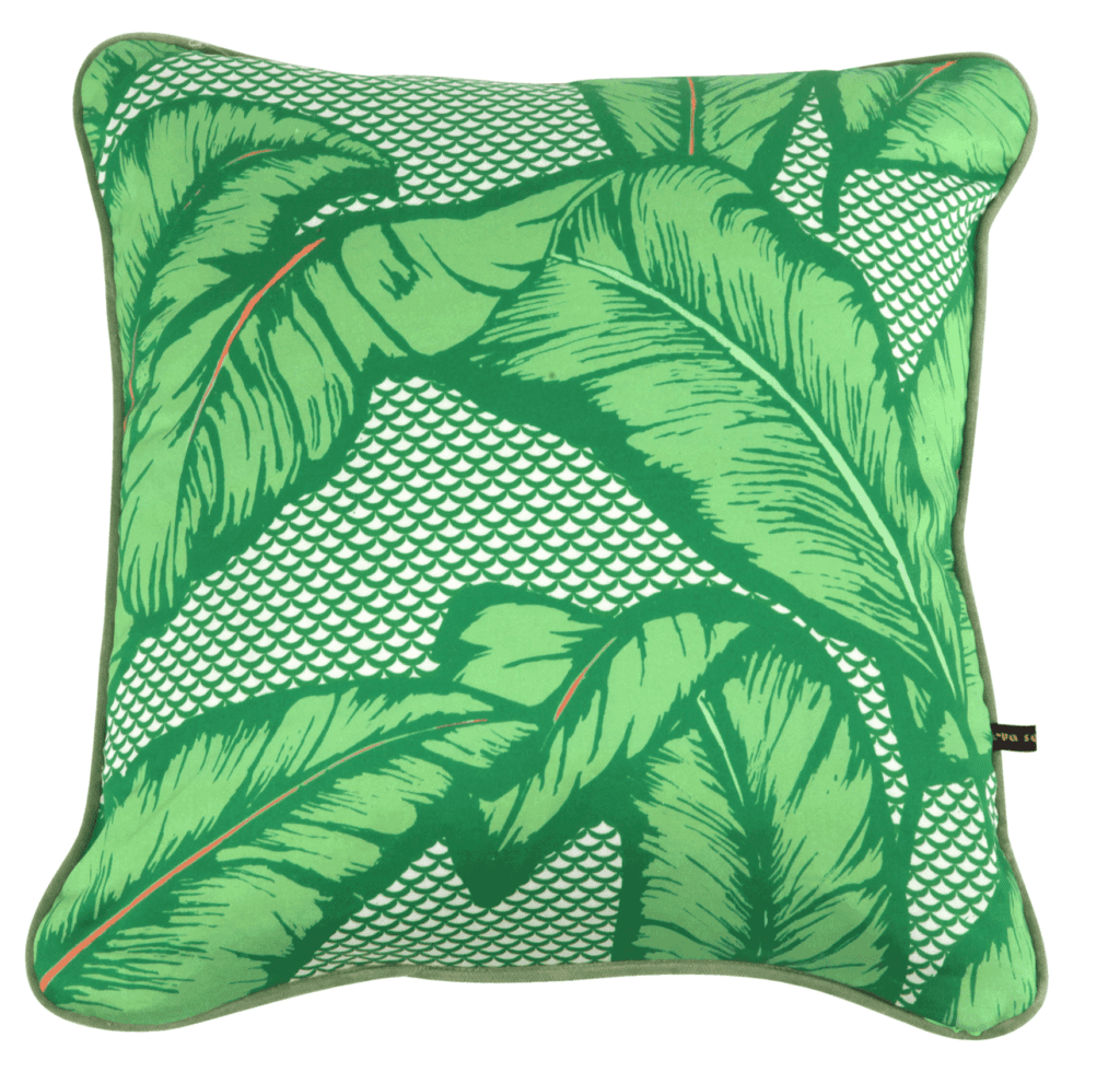 A green banana leaf print cushion available through TelescopeStyle.com.