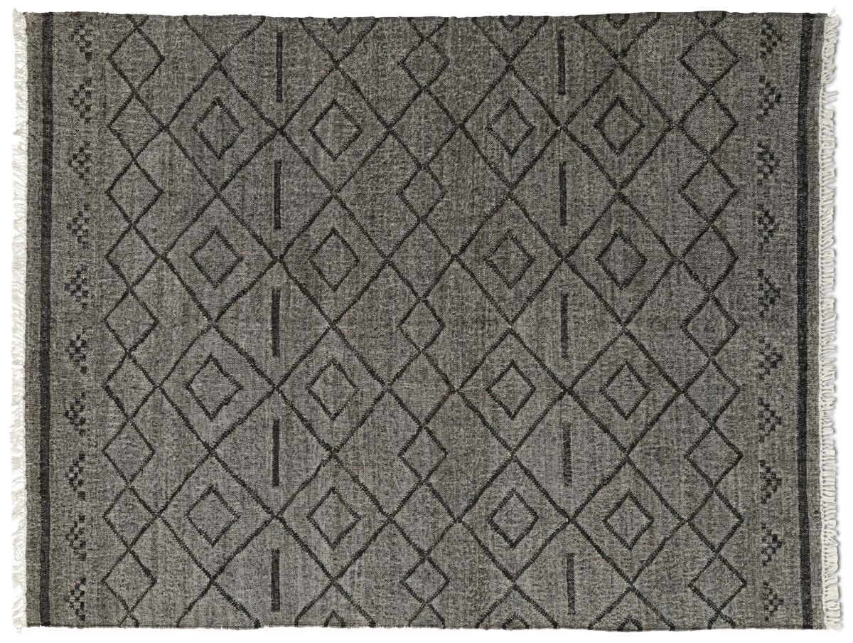 A Moroccan style flat weave rug in grey.