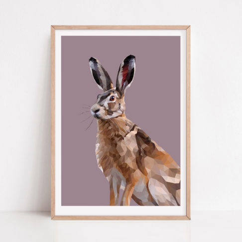 A framed, digitally-rendered, modern, Giclée print of a hare.