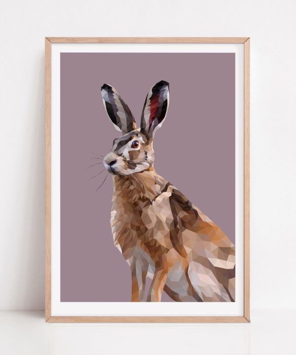 A framed, digitally-rendered, modern, Giclée print of a hare.