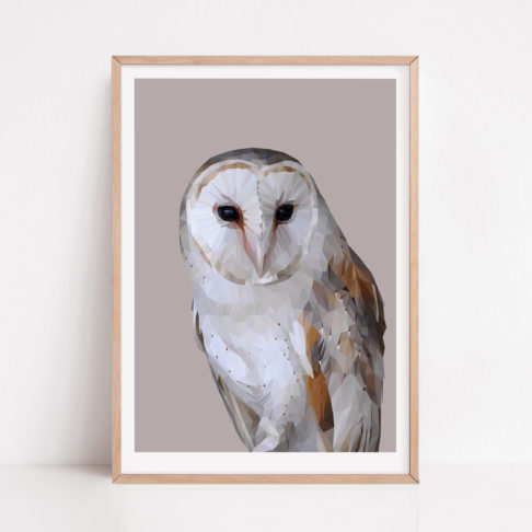 Barn owl print against a soft grey ground with a pale wooden frame.