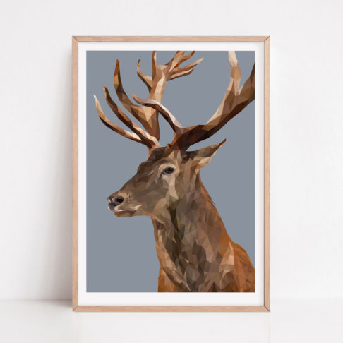 Stag print against a soft blue ground with a pale wooden frame.