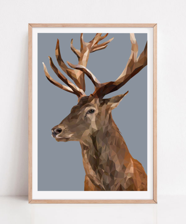 Stag print against a soft blue ground with a pale wooden frame.