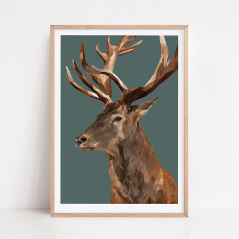 Stag print with a jungle teal background and pale wooden frame.