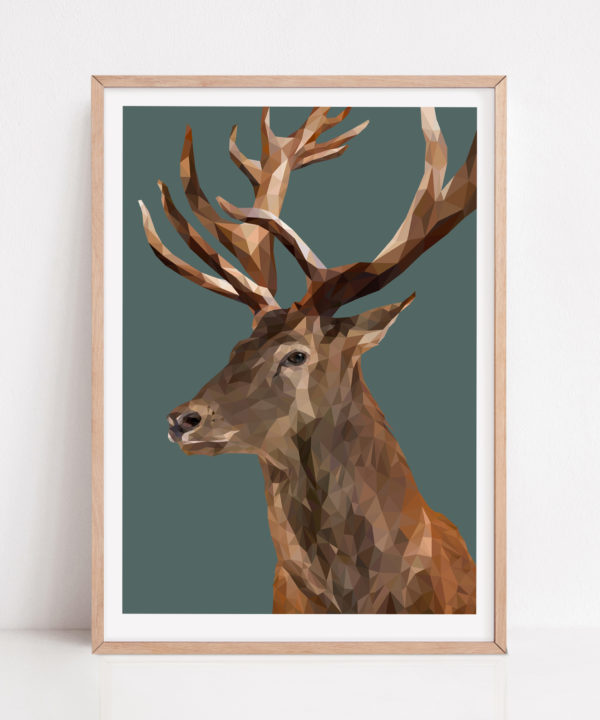 Stag print with a jungle teal background and pale wooden frame.