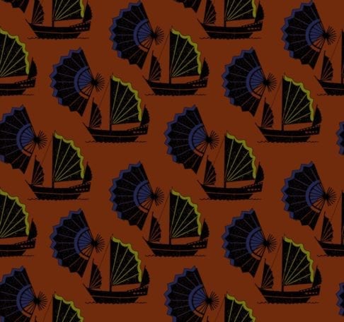 Retro wallpaper with a Chinese junk ship and fan design in a brown, lime and indigo colour way.