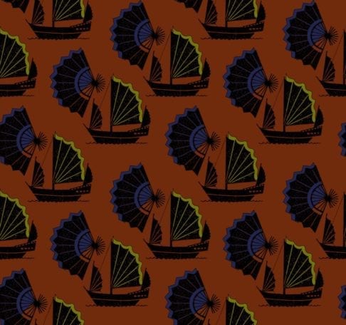 Retro wallpaper with a Chinese junk ship and fan design in a brown, lime and indigo colour way.