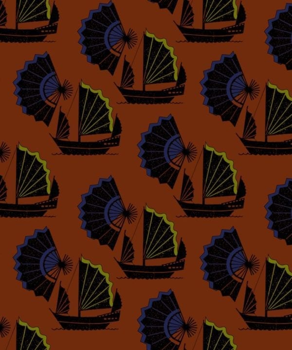 Retro wallpaper with a Chinese junk ship and fan design in a brown, lime and indigo colour way.