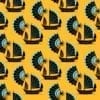 Retro wallpaper with a Chinese junk ship and fan design in a yellow and turquoise colour way.