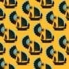 Retro wallpaper with a Chinese junk ship and fan design in a yellow and turquoise colour way.