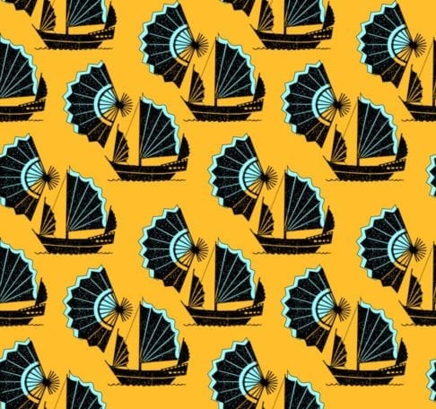 Retro wallpaper with a Chinese junk ship and fan design in a yellow and turquoise colour way.
