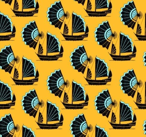 Retro wallpaper with a Chinese junk ship and fan design in a yellow and turquoise colour way.