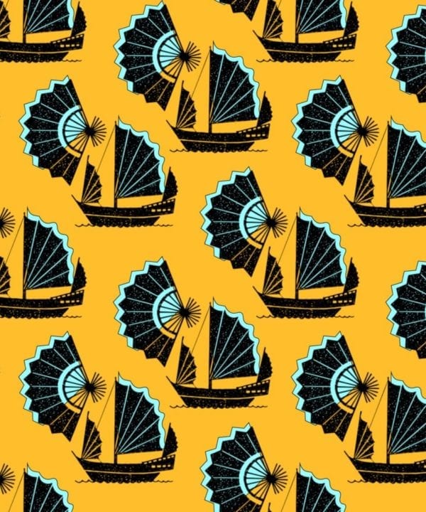 Retro wallpaper with a Chinese junk ship and fan design in a yellow and turquoise colour way.