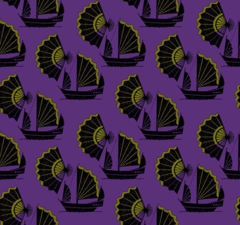 Dark Chinoiserie wallpaper in a retro purple, lime and indigo colourway.