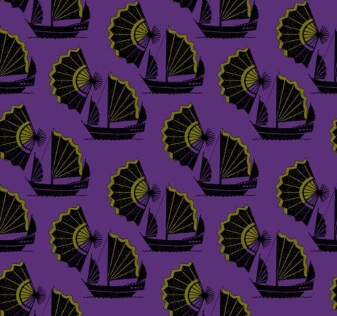 Retro wallpaper with a Chinese junk ship and fan design in a purple and lime colour way.