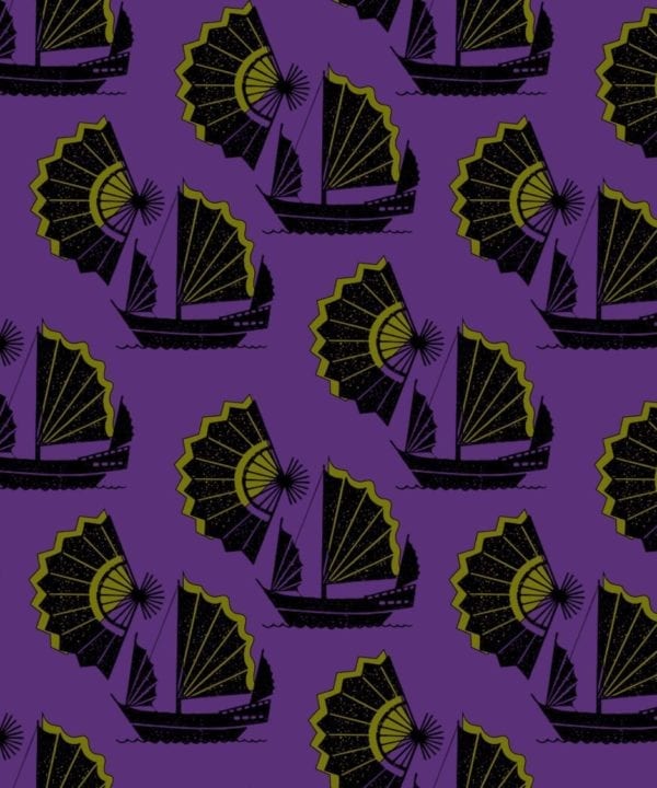 Dark Chinoiserie wallpaper in a retro purple, lime and indigo colourway.
