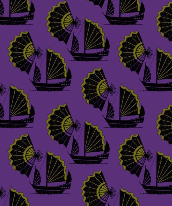 Retro wallpaper with a Chinese junk ship and fan design in a purple and lime colour way.