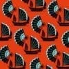 Retro wallpaper with a Chinese junk ship and fan design in a red, black and turquoise colour way.