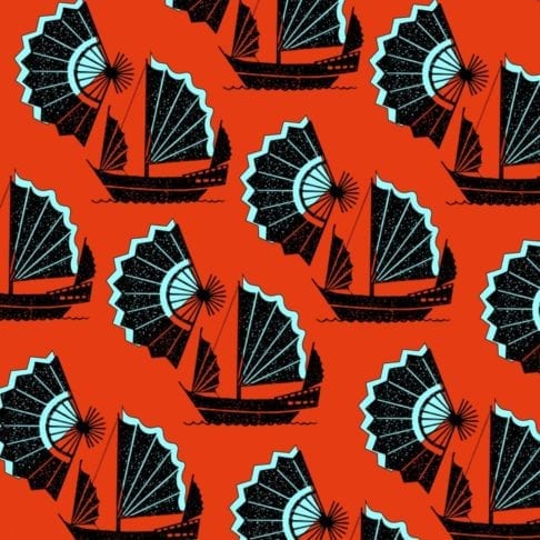 Retro wallpaper with a Chinese junk ship and fan design in a red, black and turquoise colour way.