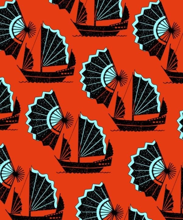 A bold, red Chinoiserie wallpaper with stylised Asian motifs of paper fans and traditional Chinese junk ships.