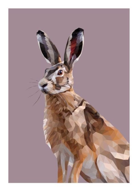 A lively, hare art print created digitally in portrait form and set against a heather-hued backdrop.