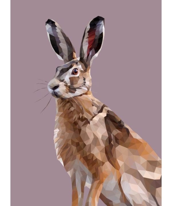 A lively, hare art print created digitally in portrait form and set against a heather-hued backdrop.